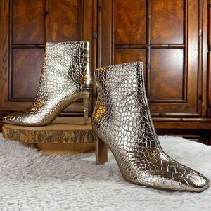 Nine West Gold Croc Embossed Faux Leather Square Toe Rectangular Heel Bootie